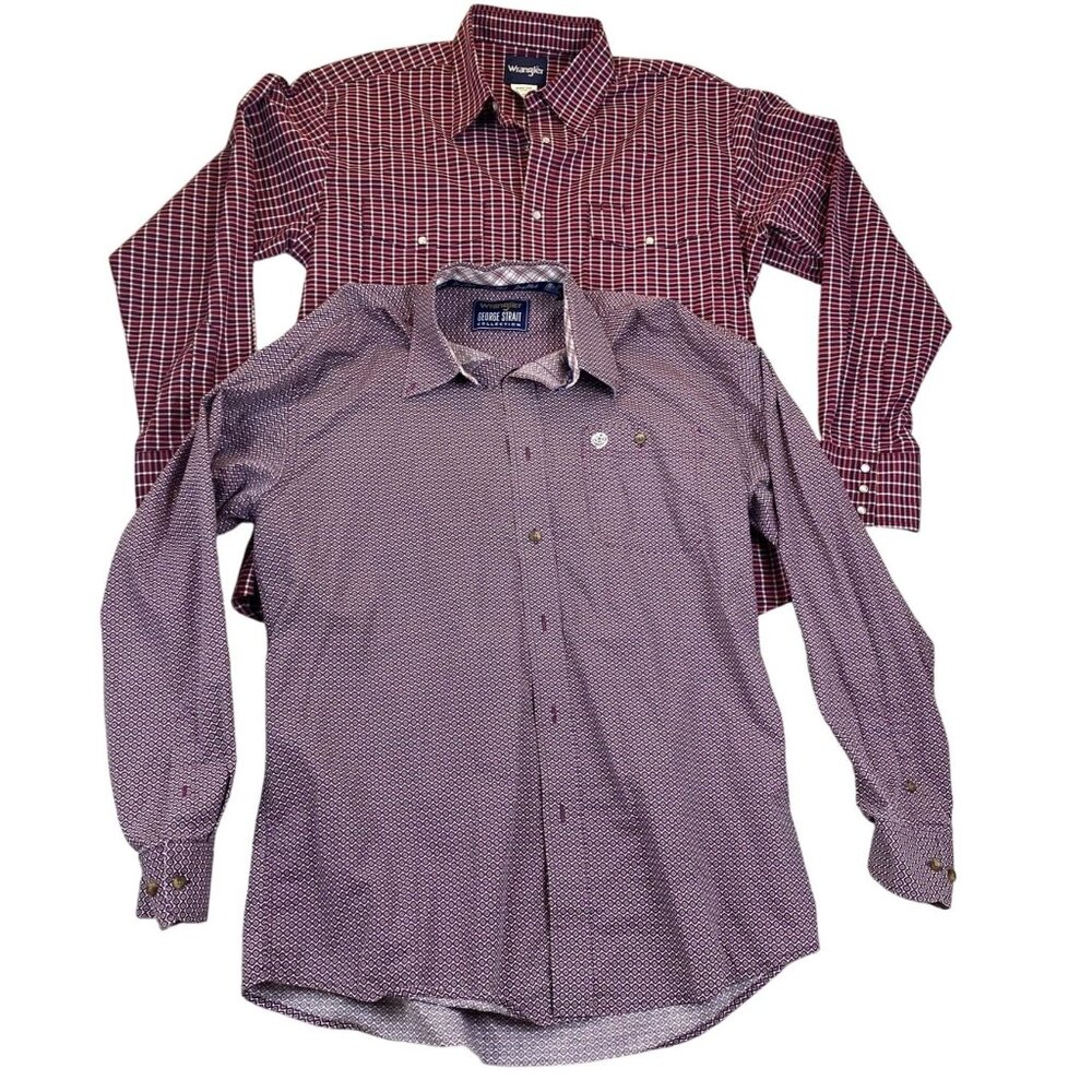 Wrangler Mens Shirts Large Lot of 2 Long Sleeve Button Up Patterned Business Red